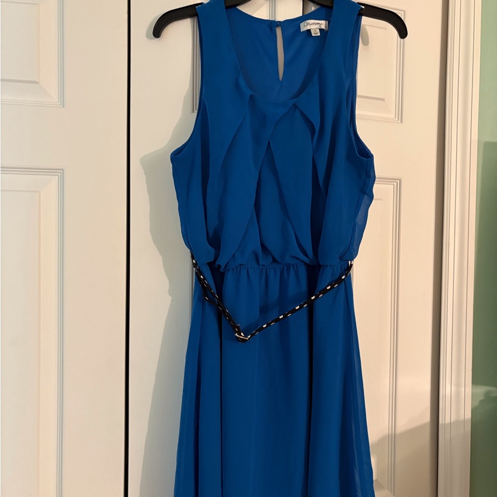 Blue Sleeveless Dress with Belt